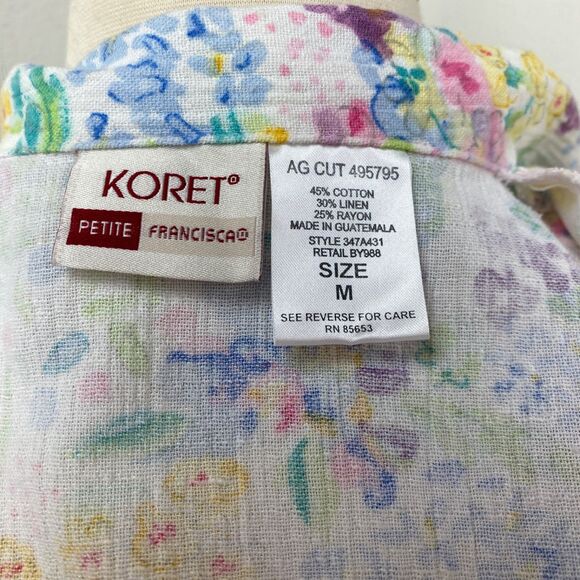 Vtg 90s Koret Womans Spring Floral Blouse Med Cotton Linen Short Sleeves Gauzy - Picture 8 of 9